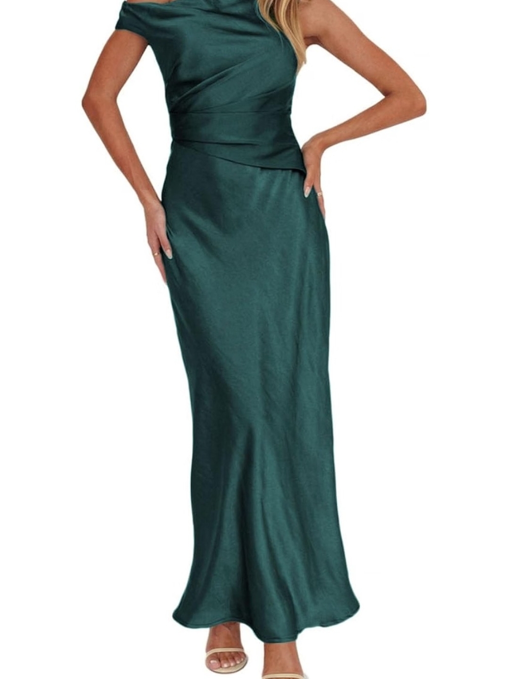 Elegant Teal Satin Evening Dress - Sleeveless Cowl Neck